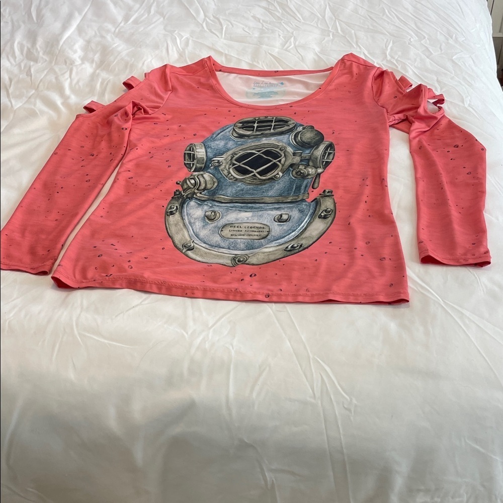 Reel Legends Coral Long Sleeve Tee with Diving Helmet Design
